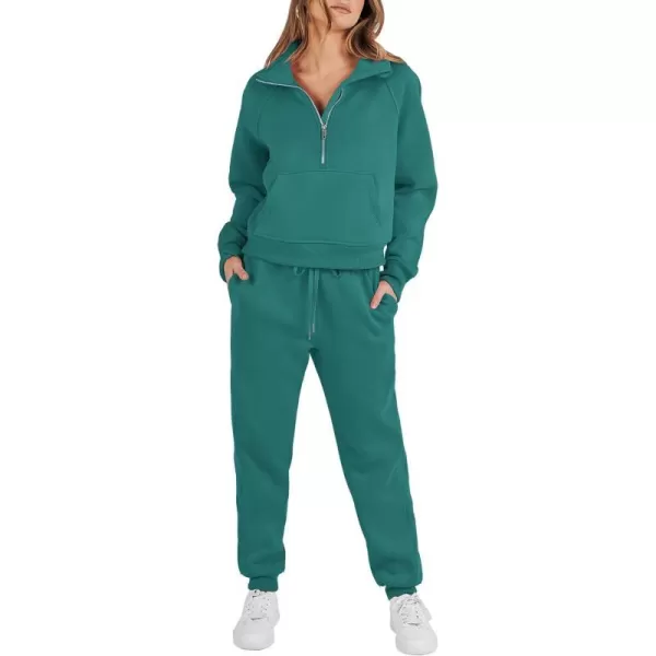imageANRABESS Womens Two Piece Outfits Long Sleeve 2023 Fall Half Zip Sweatshirt with Jogger Pants Lounge Sets with PocketsDeep Green