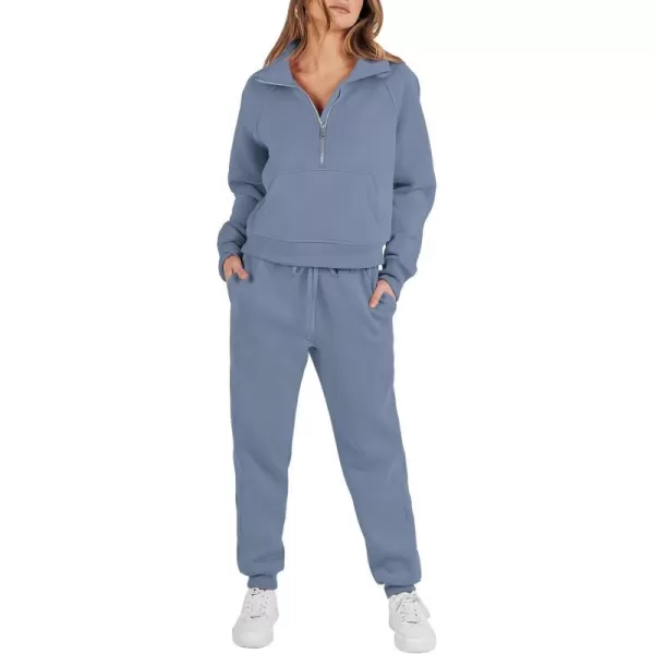 imageANRABESS Womens Two Piece Outfits Long Sleeve 2023 Fall Half Zip Sweatshirt with Jogger Pants Lounge Sets with PocketsGrey Blue