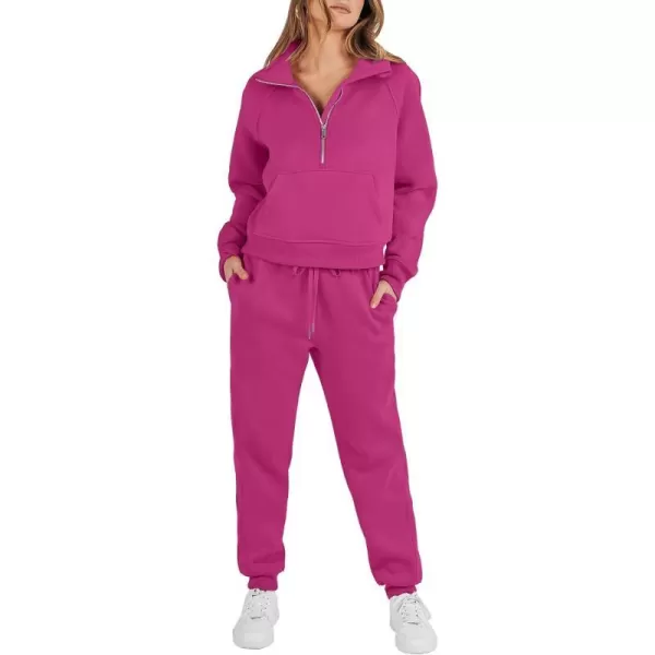 imageANRABESS Womens Two Piece Outfits Long Sleeve 2023 Fall Half Zip Sweatshirt with Jogger Pants Lounge Sets with PocketsHot Pink