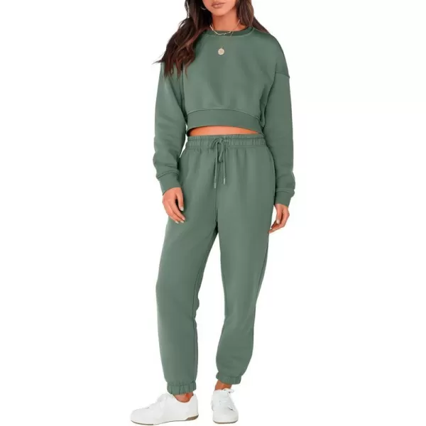 imageANRABESS Womens Two Piece Outfits Long Sleeve Crew Neck Crop Sweatsuit with Jogger Pants Lounge Sets with PocketsArmy Green