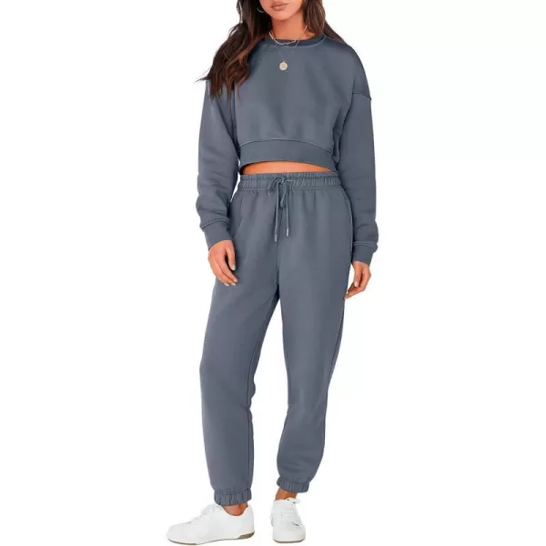 imageANRABESS Womens Two Piece Outfits Long Sleeve Crew Neck Crop Sweatsuit with Jogger Pants Lounge Sets with PocketsDark Grey