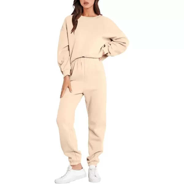 imageANRABESS Womens Two Piece Outfits Long Sleeve Crewneck Sweatsuit with Jogger Pants Lounge Sets with PocketsApricot