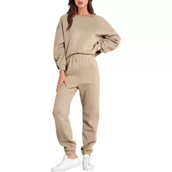 imageANRABESS Womens Two Piece Outfits Long Sleeve Crewneck Sweatsuit with Jogger Pants Lounge Sets with PocketsBrown