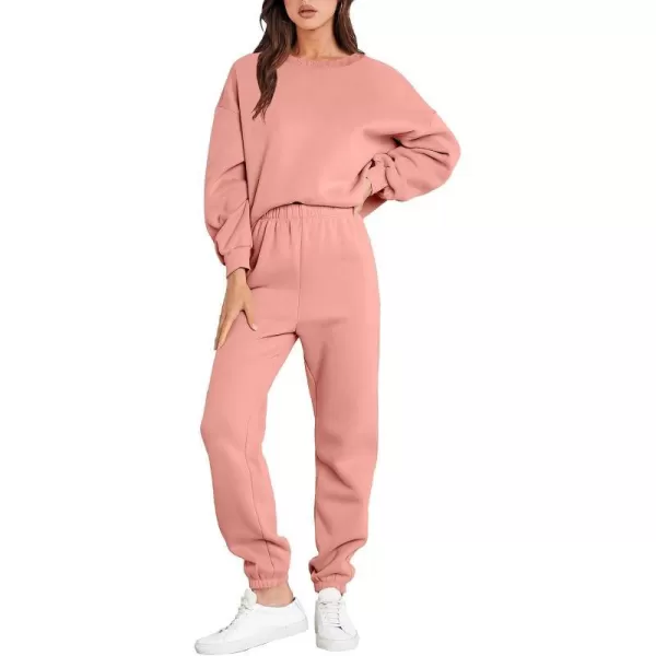 imageANRABESS Womens Two Piece Outfits Long Sleeve Crewneck Sweatsuit with Jogger Pants Lounge Sets with PocketsDark Pink