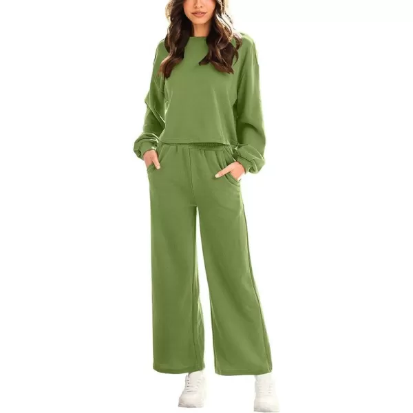 imageANRABESS Womens Two Piece Outfits Long Sleeve Crop Top Wide Leg Pants Knit Sweatsuit Loungewear Sweatsuit SetArmygreen