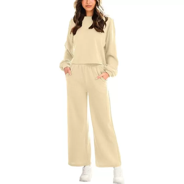 imageANRABESS Womens Two Piece Outfits Long Sleeve Crop Top Wide Leg Pants Knit Sweatsuit Loungewear Sweatsuit SetBeige