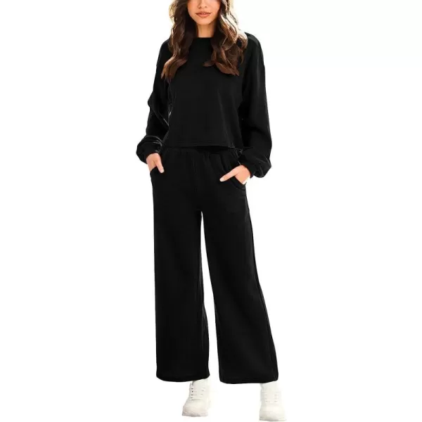 imageANRABESS Womens Two Piece Outfits Long Sleeve Crop Top Wide Leg Pants Knit Sweatsuit Loungewear Sweatsuit SetBlack
