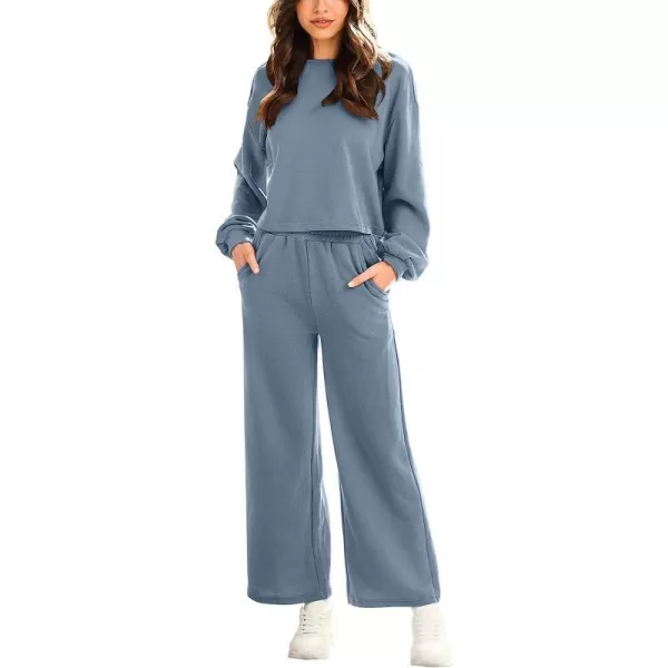 imageANRABESS Womens Two Piece Outfits Long Sleeve Crop Top Wide Leg Pants Knit Sweatsuit Loungewear Sweatsuit SetBlue