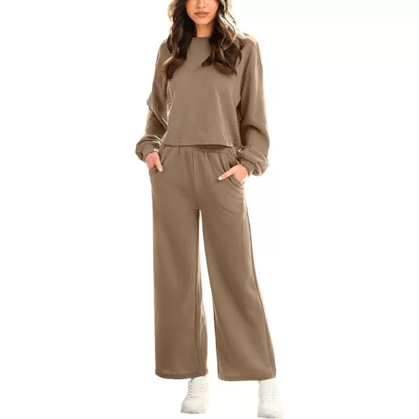 imageANRABESS Womens Two Piece Outfits Long Sleeve Crop Top Wide Leg Pants Knit Sweatsuit Loungewear Sweatsuit SetBrown