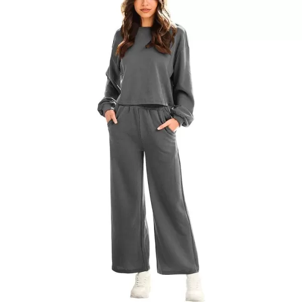 imageANRABESS Womens Two Piece Outfits Long Sleeve Crop Top Wide Leg Pants Knit Sweatsuit Loungewear Sweatsuit SetDark Gray
