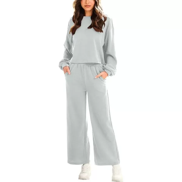 imageANRABESS Womens Two Piece Outfits Long Sleeve Crop Top Wide Leg Pants Knit Sweatsuit Loungewear Sweatsuit SetGray