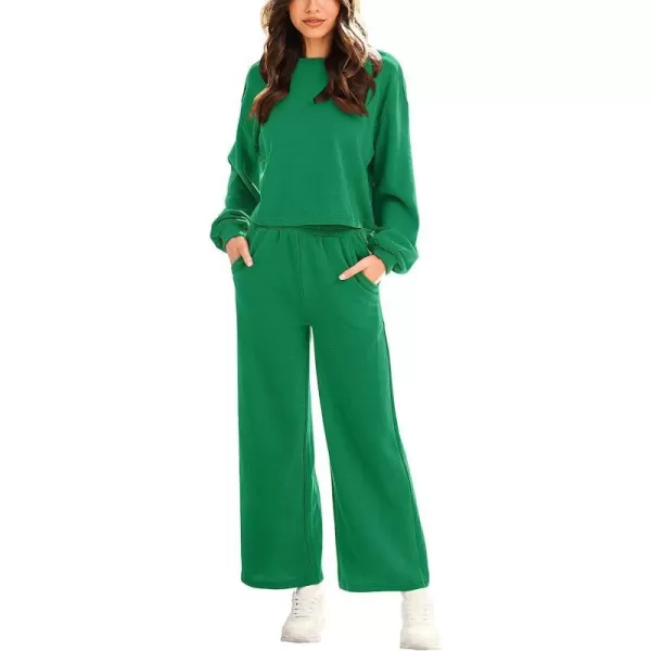 imageANRABESS Womens Two Piece Outfits Long Sleeve Crop Top Wide Leg Pants Knit Sweatsuit Loungewear Sweatsuit SetGreen