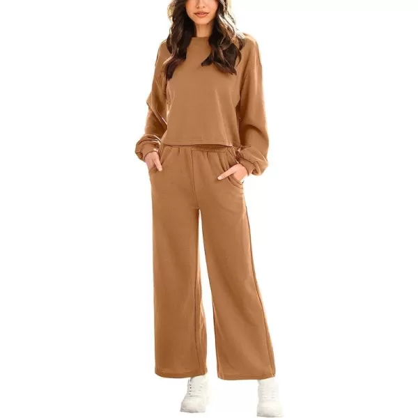 imageANRABESS Womens Two Piece Outfits Long Sleeve Crop Top Wide Leg Pants Knit Sweatsuit Loungewear Sweatsuit SetKhaki