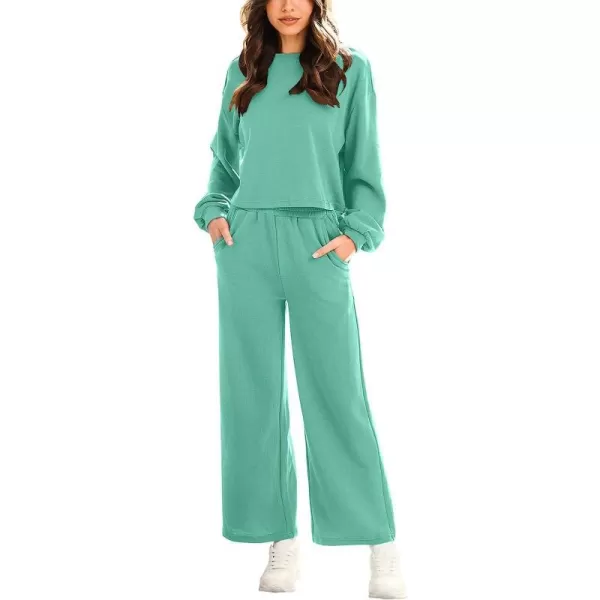 imageANRABESS Womens Two Piece Outfits Long Sleeve Crop Top Wide Leg Pants Knit Sweatsuit Loungewear Sweatsuit SetLake