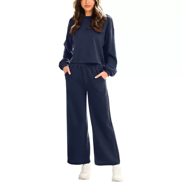 imageANRABESS Womens Two Piece Outfits Long Sleeve Crop Top Wide Leg Pants Knit Sweatsuit Loungewear Sweatsuit SetNavy Blue