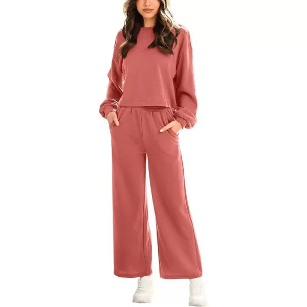 imageANRABESS Womens Two Piece Outfits Long Sleeve Crop Top Wide Leg Pants Knit Sweatsuit Loungewear Sweatsuit SetRust