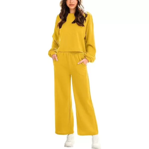 imageANRABESS Womens Two Piece Outfits Long Sleeve Crop Top Wide Leg Pants Knit Sweatsuit Loungewear Sweatsuit SetYellow