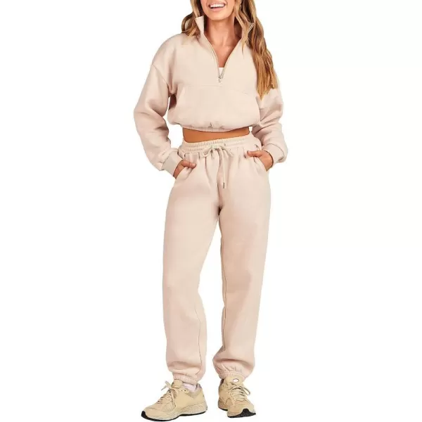 imageANRABESS Womens Two Piece Outfits Long Sleeve Half Zip Crop Sweatsuit with Jogger Pants Lounge Sets with PocketsApricot