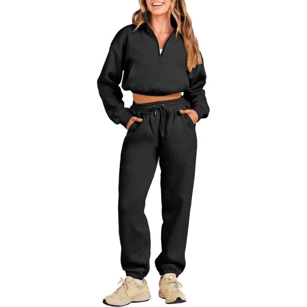 imageANRABESS Womens Two Piece Outfits Long Sleeve Half Zip Crop Sweatsuit with Jogger Pants Lounge Sets with PocketsBlack