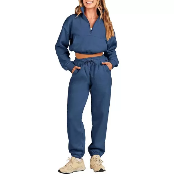 imageANRABESS Womens Two Piece Outfits Long Sleeve Half Zip Crop Sweatsuit with Jogger Pants Lounge Sets with PocketsBule