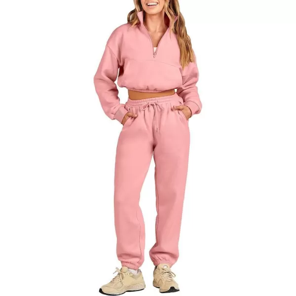 imageANRABESS Womens Two Piece Outfits Long Sleeve Half Zip Crop Sweatsuit with Jogger Pants Lounge Sets with PocketsDark Pink
