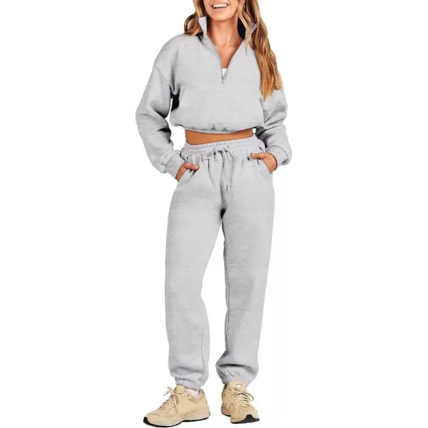 imageANRABESS Womens Two Piece Outfits Long Sleeve Half Zip Crop Sweatsuit with Jogger Pants Lounge Sets with PocketsGery