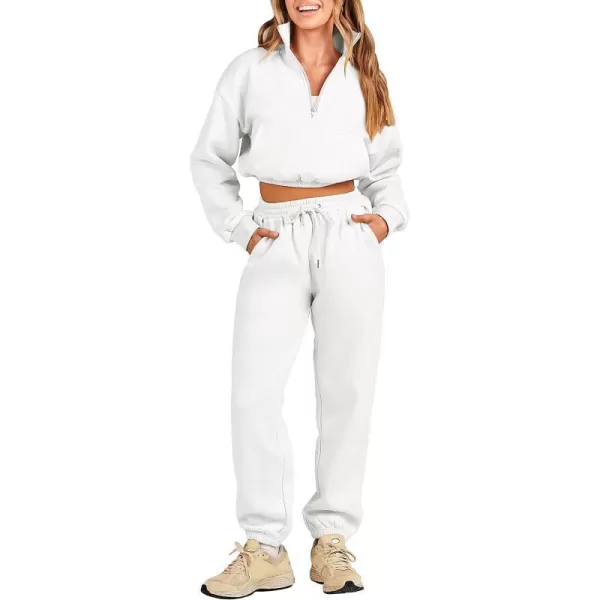 imageANRABESS Womens Two Piece Outfits Long Sleeve Half Zip Crop Sweatsuit with Jogger Pants Lounge Sets with PocketsWhite