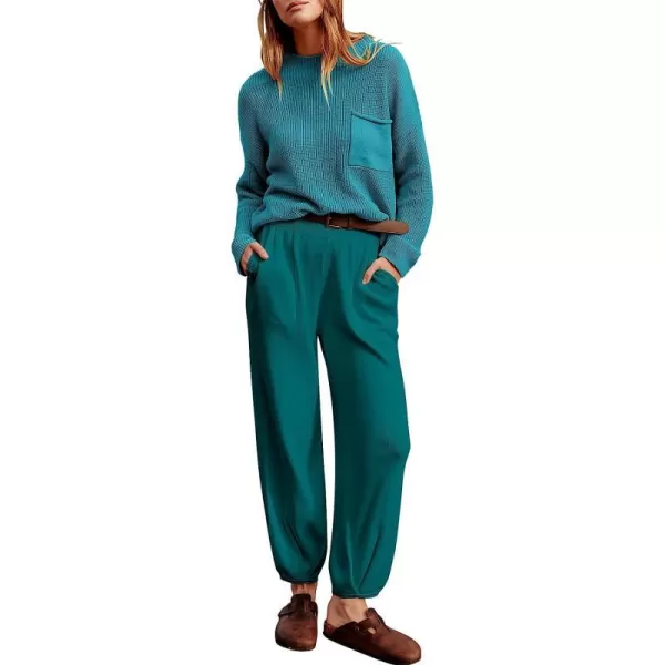 imageANRABESS Womens Two Piece Outfits Long Sleeve Knit Top Fall Sweater Set Oversized Pants Tracksuit Lounge SetsDeep Green