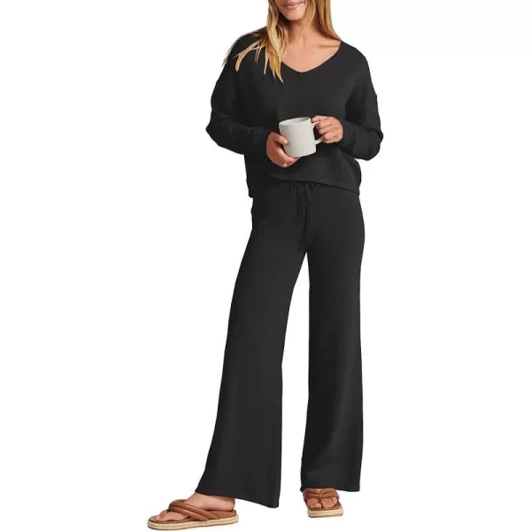 imageANRABESS Womens Two Piece Outfits Long Sleeve V Neck Crop Top with High Waist Wide Leg Pants Sweater Sets Lounge WearBlack