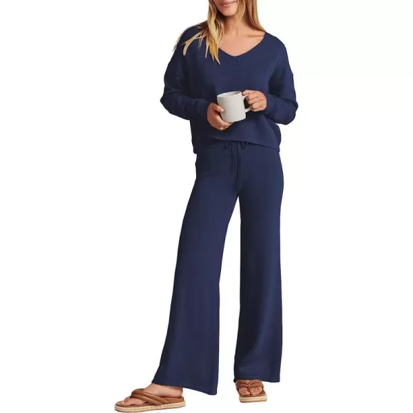 imageANRABESS Womens Two Piece Outfits Long Sleeve V Neck Crop Top with High Waist Wide Leg Pants Sweater Sets Lounge WearBlue