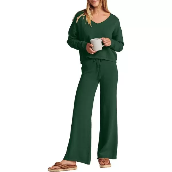 imageANRABESS Womens Two Piece Outfits Long Sleeve V Neck Crop Top with High Waist Wide Leg Pants Sweater Sets Lounge WearDeep Green