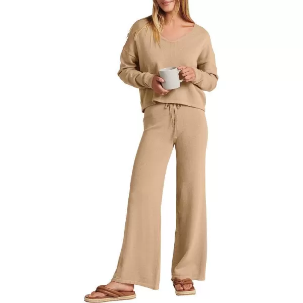 imageANRABESS Womens Two Piece Outfits Long Sleeve V Neck Crop Top with High Waist Wide Leg Pants Sweater Sets Lounge WearKhaki