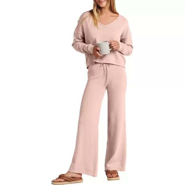imageANRABESS Womens Two Piece Outfits Long Sleeve V Neck Crop Top with High Waist Wide Leg Pants Sweater Sets Lounge WearPink