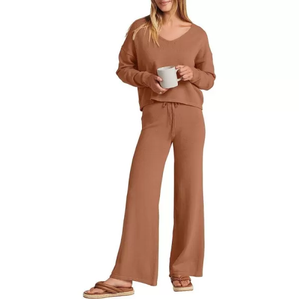 imageANRABESS Womens Two Piece Outfits Long Sleeve V Neck Crop Top with High Waist Wide Leg Pants Sweater Sets Lounge WearRust