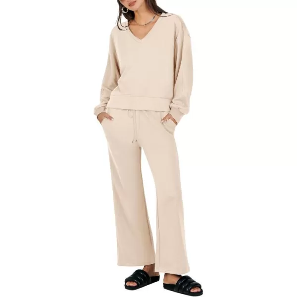 imageANRABESS Womens Two Piece Outfits Matching Sets Long Sleeve Crop Pullover Top and Wide Leg Pants Tracksuit Lounge SetDeep Apricot