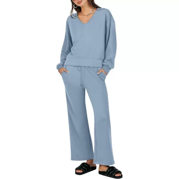 imageANRABESS Womens Two Piece Outfits Matching Sets Long Sleeve Crop Pullover Top and Wide Leg Pants Tracksuit Lounge SetLight Blue
