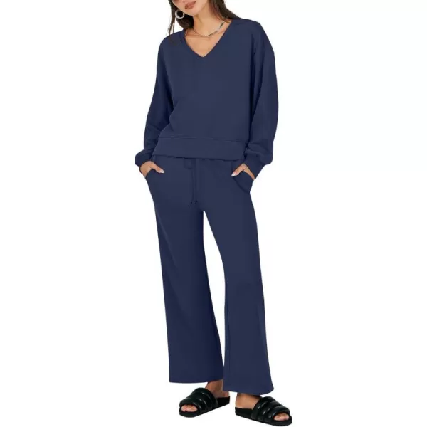 imageANRABESS Womens Two Piece Outfits Matching Sets Long Sleeve Crop Pullover Top and Wide Leg Pants Tracksuit Lounge SetNavy Blue
