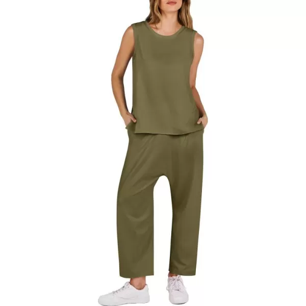 imageANRABESS Womens Two Piece Outfits Sleeveless Top  Harem Cropped Pants Matching Lounge Summer Sets 2024 Fashion ClothesArmy Green