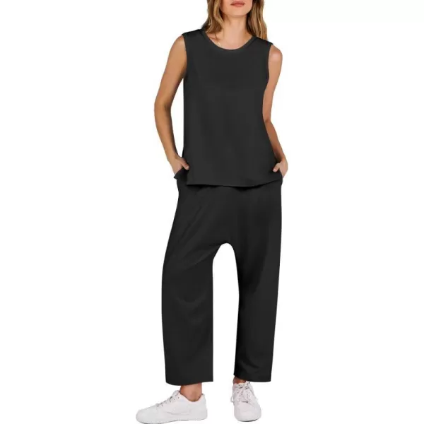 imageANRABESS Womens Two Piece Outfits Sleeveless Top  Harem Cropped Pants Matching Lounge Summer Sets 2024 Fashion ClothesBlack
