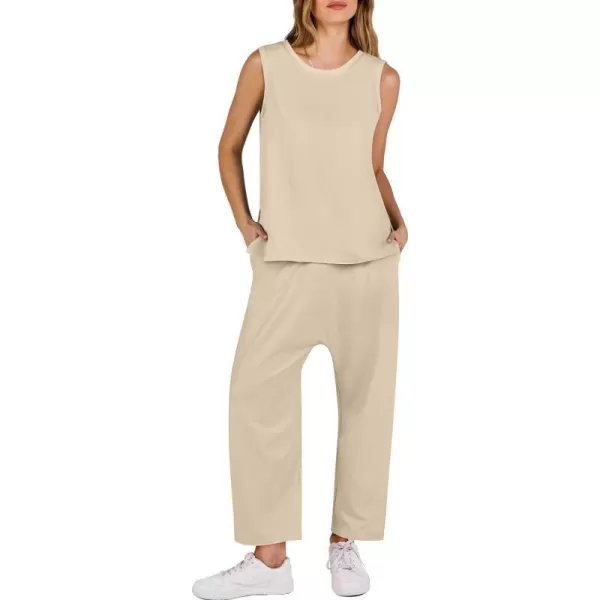 imageANRABESS Womens Two Piece Outfits Sleeveless Top  Harem Cropped Pants Matching Lounge Summer Sets 2024 Fashion ClothesKhaki