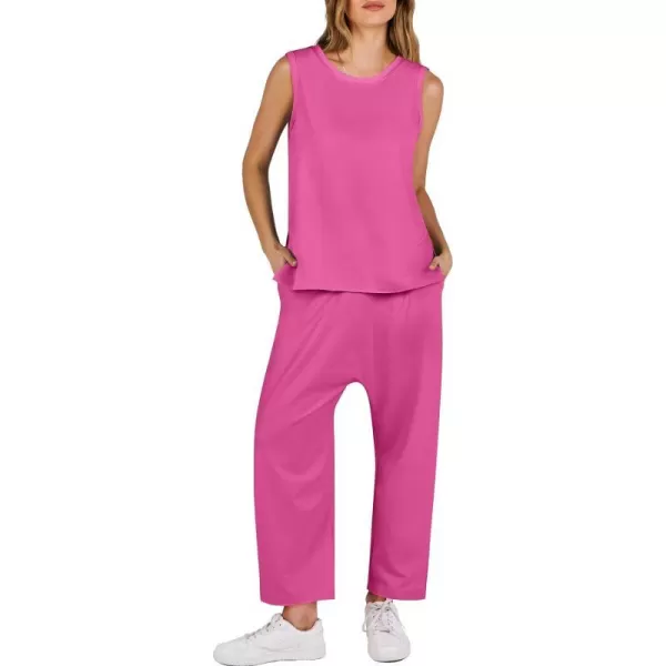 imageANRABESS Womens Two Piece Outfits Sleeveless Top  Harem Cropped Pants Matching Lounge Summer Sets 2024 Fashion ClothesRose Red
