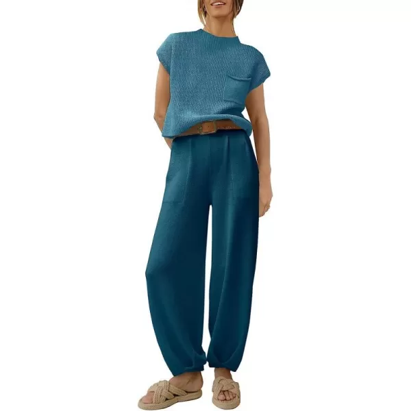 imageANRABESS Womens Two Piece Outfits Sweater Sets Knit Pullover Tops and High Waisted Pants Tracksuit Lounge SetsBlue