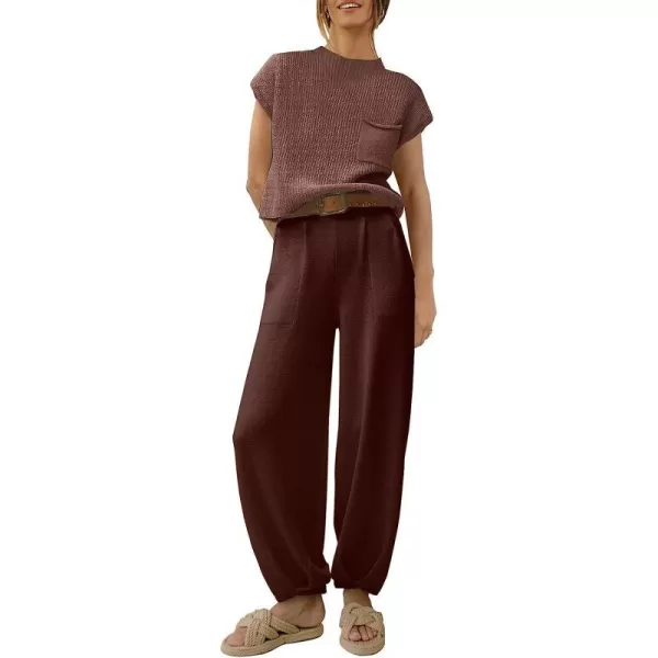 imageANRABESS Womens Two Piece Outfits Sweater Sets Knit Pullover Tops and High Waisted Pants Tracksuit Lounge SetsCoffee