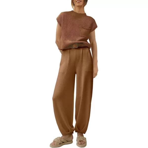 imageANRABESS Womens Two Piece Outfits Sweater Sets Knit Pullover Tops and High Waisted Pants Tracksuit Lounge SetsDeep Brown