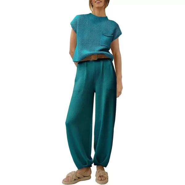 imageANRABESS Womens Two Piece Outfits Sweater Sets Knit Pullover Tops and High Waisted Pants Tracksuit Lounge SetsDeep Green