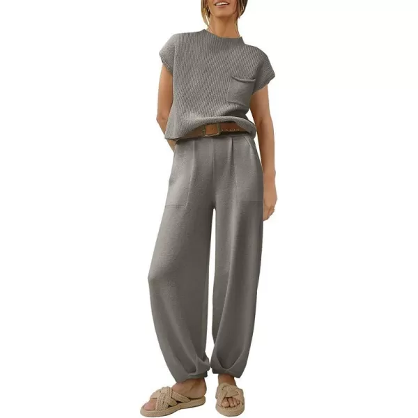 imageANRABESS Womens Two Piece Outfits Sweater Sets Knit Pullover Tops and High Waisted Pants Tracksuit Lounge SetsGrey