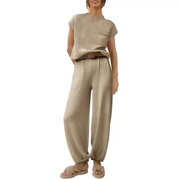 imageANRABESS Womens Two Piece Outfits Sweater Sets Knit Pullover Tops and High Waisted Pants Tracksuit Lounge SetsKhaki