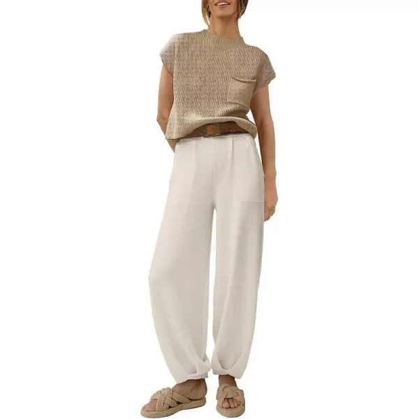 imageANRABESS Womens Two Piece Outfits Sweater Sets Knit Pullover Tops and High Waisted Pants Tracksuit Lounge SetsKhaki White
