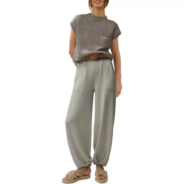 imageANRABESS Womens Two Piece Outfits Sweater Sets Knit Pullover Tops and High Waisted Pants Tracksuit Lounge SetsLight Grey