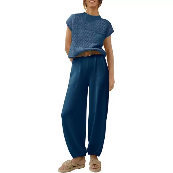 imageANRABESS Womens Two Piece Outfits Sweater Sets Knit Pullover Tops and High Waisted Pants Tracksuit Lounge SetsNavy Blue